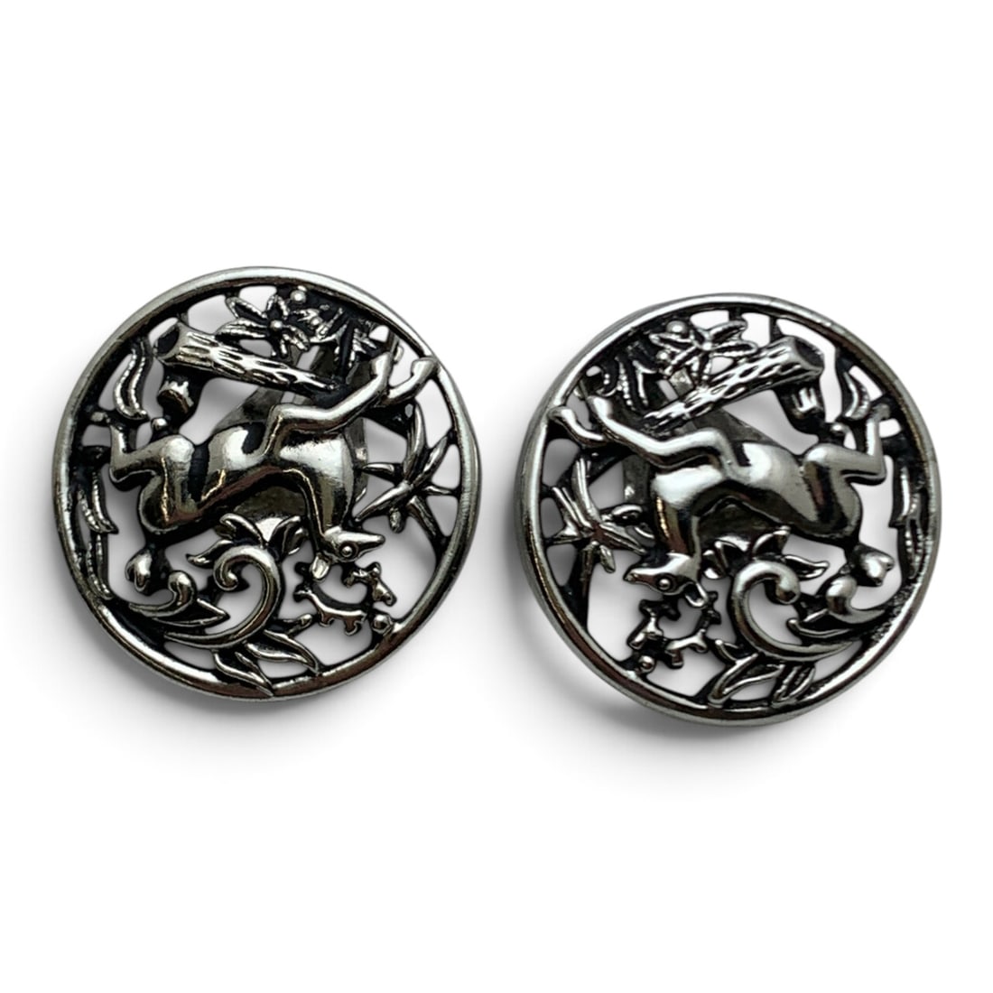 Pair Of Vintage Signed Sarah Cov Clip Earrings: Pair Of Vintage Silver Tone Signed Sarah Cov Silver Tone Clip Earrings Featuring A Deer Motif Marked: Sarah Cov - 1 1/8" Long