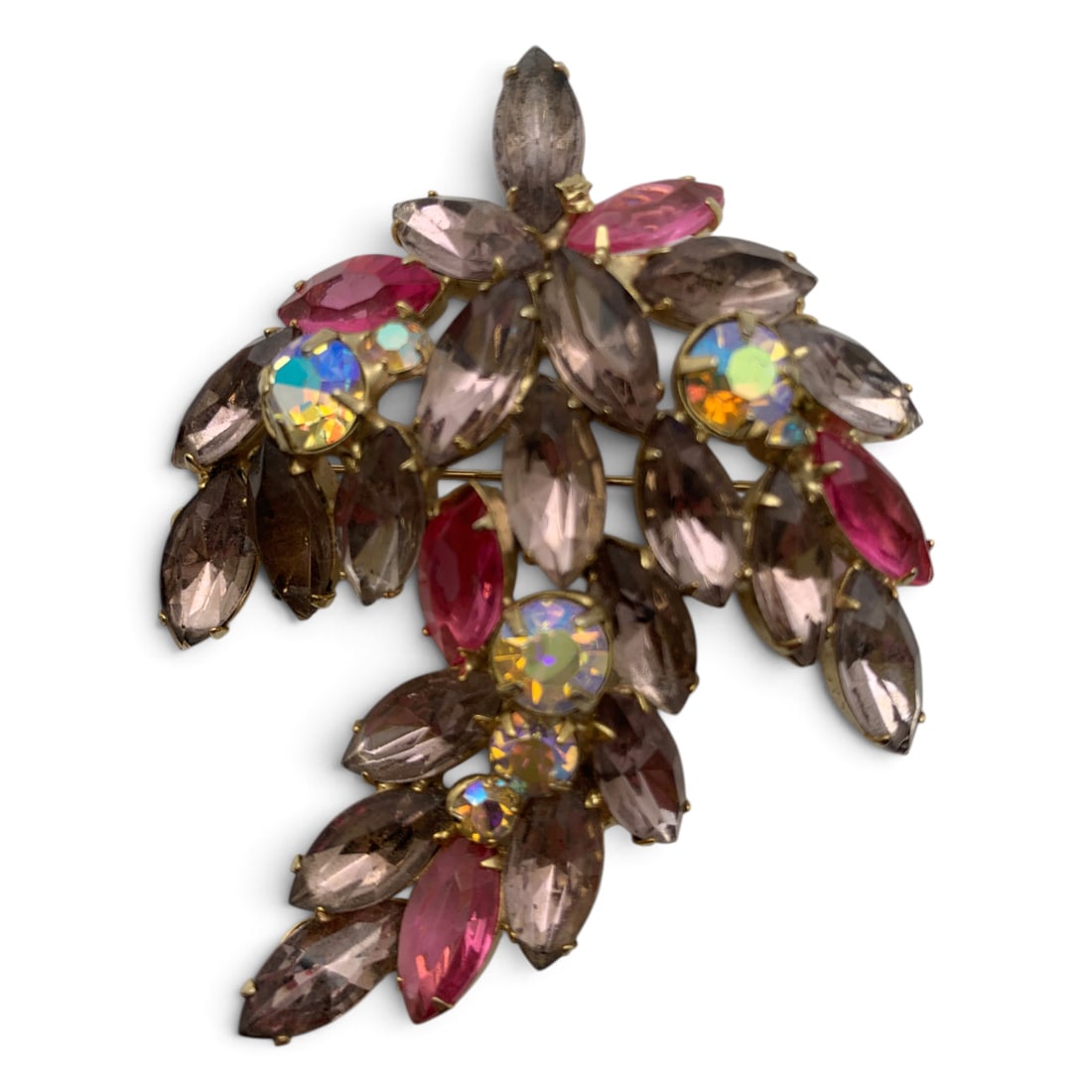 Vintage Gold Tone & Rhinestone Brooch: Vintage Gold Tone Brooch Featuring Purple & Pink Rhinestones 2 3/4" Long