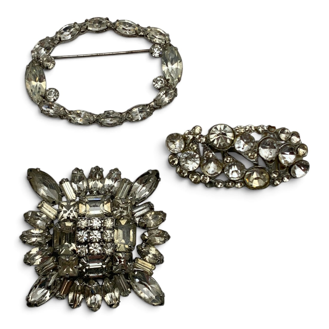 3 Vintage Silver Tone Rhinestone Fashion Brooches: 3 Vintage Silver Tone Brooches Featuring Clear Rhinestones 1 7/8" - 2 1/8" Long