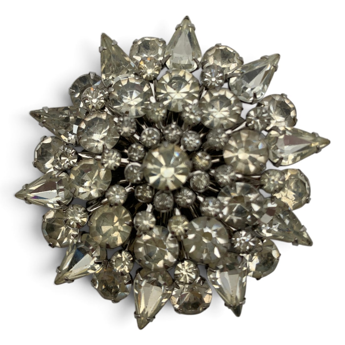 Vintage Silver Tone & Clear Rhinestone Brooch: Vintage Silver Tone Floral Brooch Featuring Clear Rhinestones 2 1/2" Long