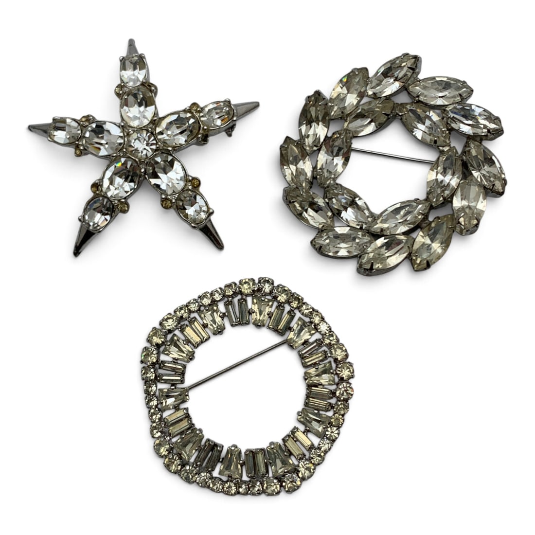 3 Vintage Rhinestone Fashion Brooches: 3 Vintage Silver Tone Brooches Featuring Clear Rhinestones. 1 Brooch Is Marked Western Germany2 1/8" - 2" Long