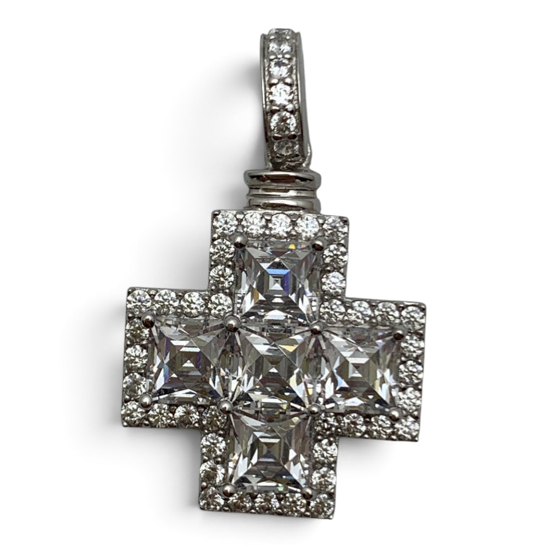 Sterling Silver & Cubic Zirconia Pendant: Vintage Sterling Silver Cross Pendant Featuring Cubic Zirconia Stones Marked: 925, Cz - 1 1/4" Long - 5.3 Grams
