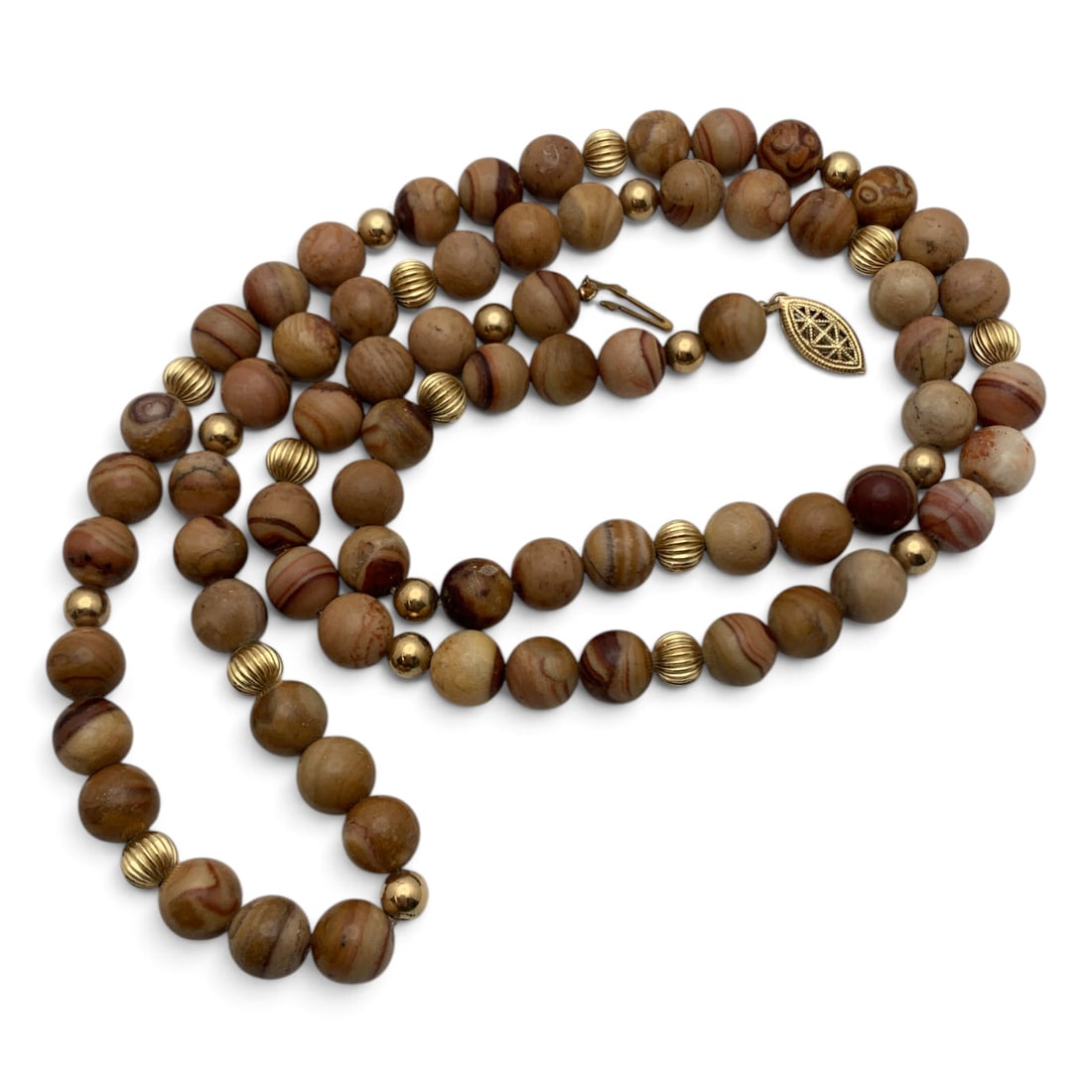 Vintage Calcite 14k Gold Filled Necklace: Vintage 14k Gold Filled Necklace Featuring Beaded Brown Calcite Stones Marked On Clasp: 14/20 - 33" Long