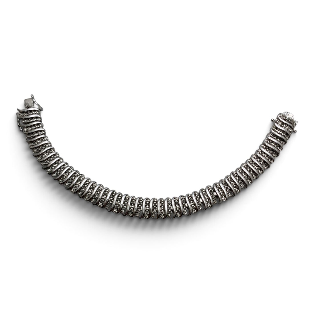 Vintage Silver & White Diamond Bracelet: Vintage Silver Bracelet Featuring Round Cut White Diamonds Tests Silver - 8" Long - 29.3 Grams