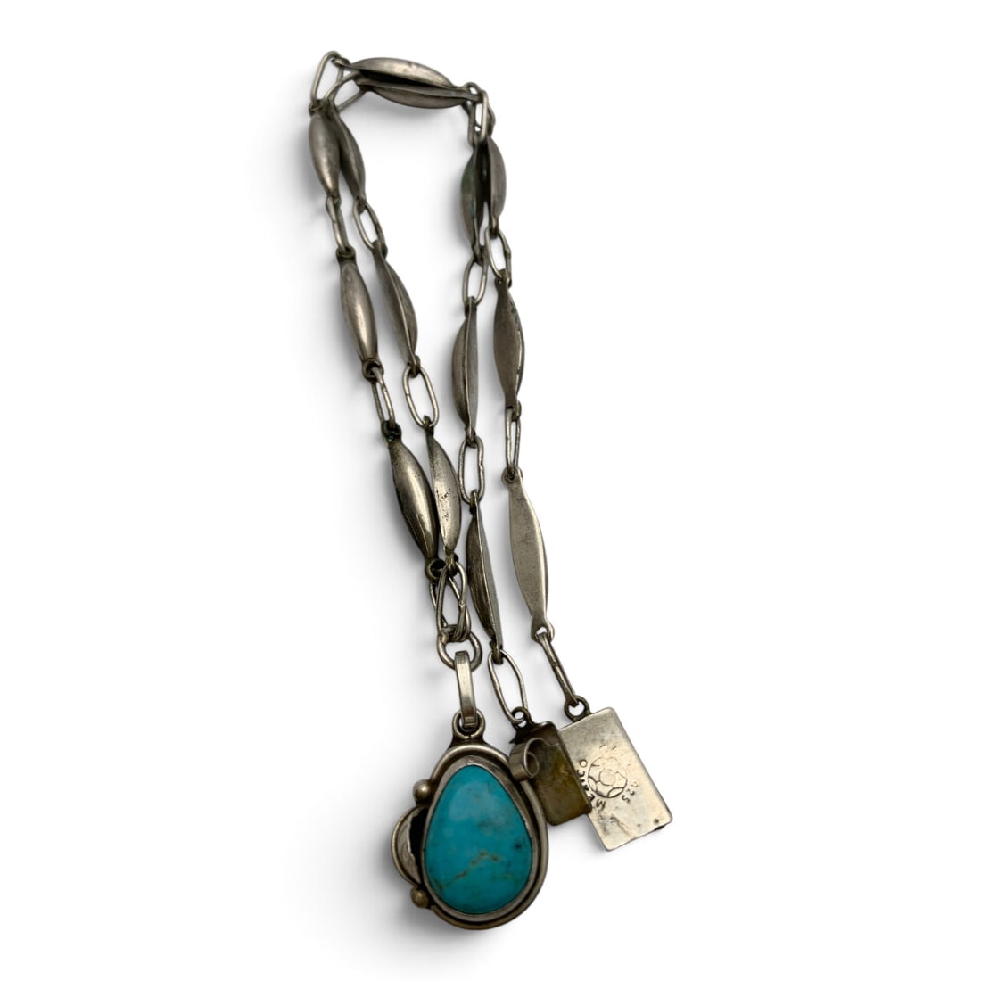 Mexico Sterling Silver & Turquoise Necklace: Vintage Mexico Sterling Silver Pendant Necklace Featuring A Turquoise Stone Pendant Marked: 925 - 17 1/2" Long - 12.8 Grams
