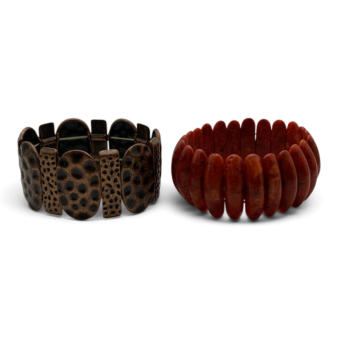 2 Vintage Stretch Band Bracelets: 2 Vintage Stretch Band Bracelets, 1 Red Coral Bracelet And 1 Copper Bracelet