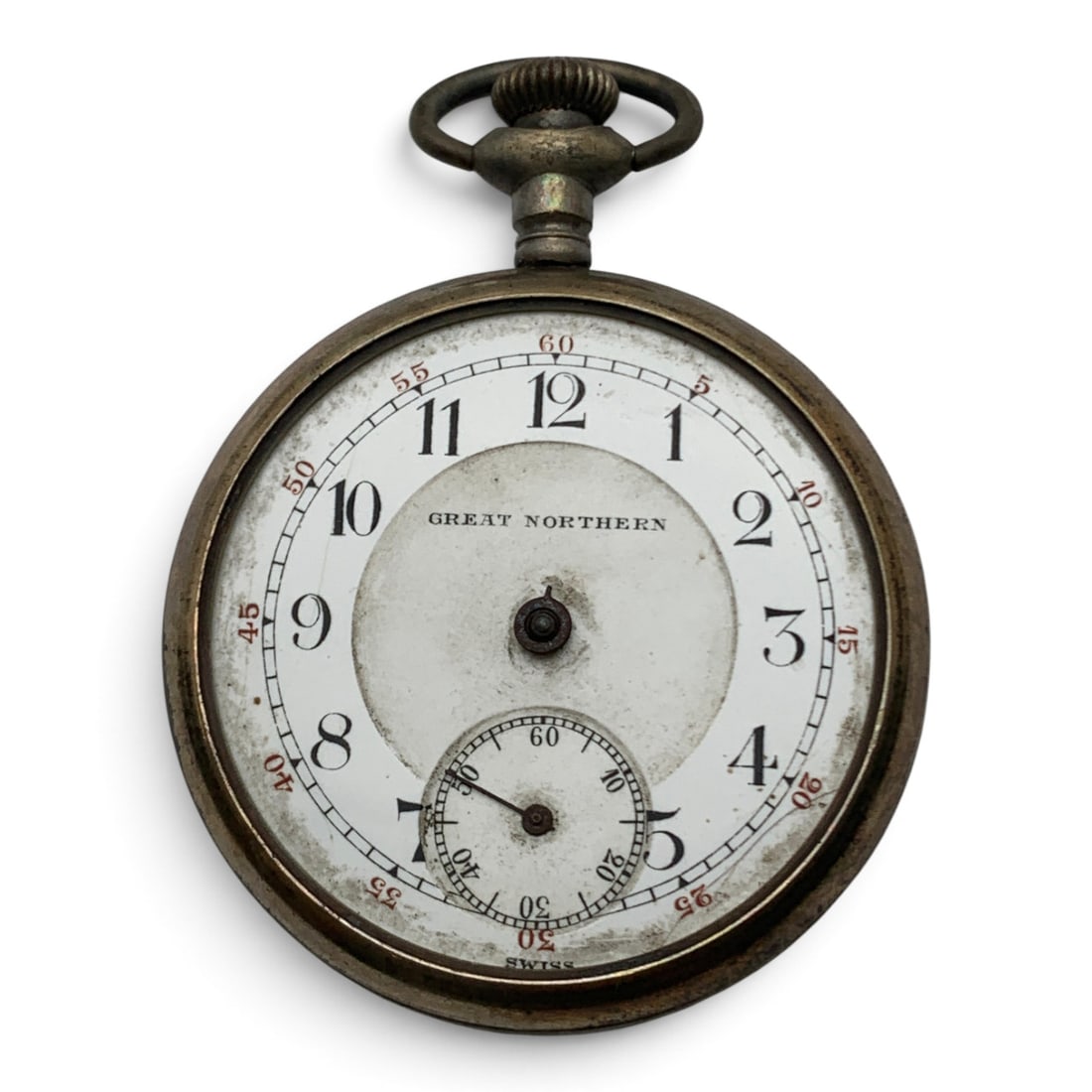 Vintage Great Northern Silver Tone Pocket Watch: Vintage Great Northern Silver Tone Pocket WatchMarked On Face: Great NorthernMarked On Movement: Great Northern, 21 Jewels, Swiss2 5/8" Long