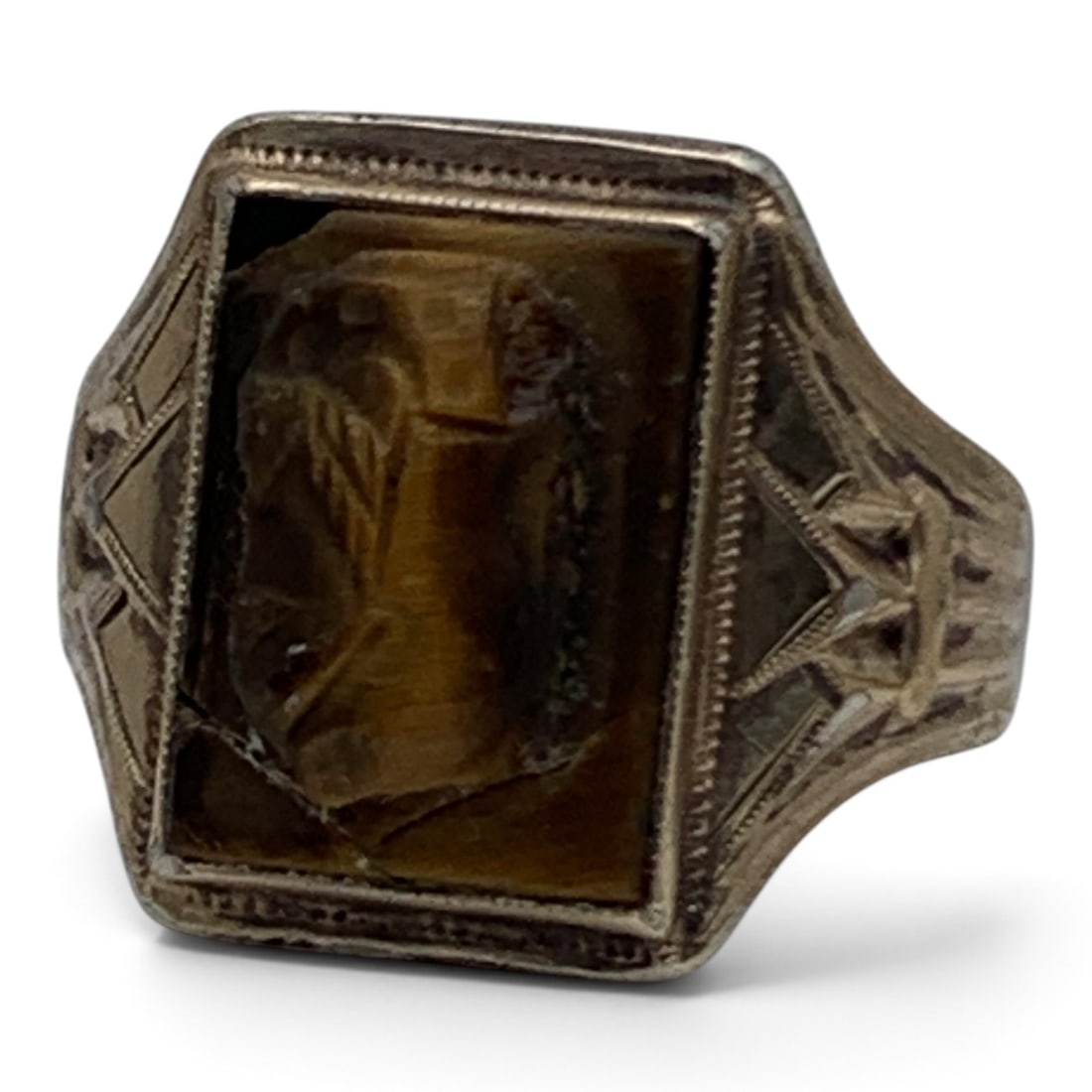 Sterling & Gold Top Tiger's Eye Ring: Sterling Silver Ring With A Gold Top Featuring A Carved Tiger's Eye Stone Marked: Sterling Gold Top - Size 11 - 9.4 Grams