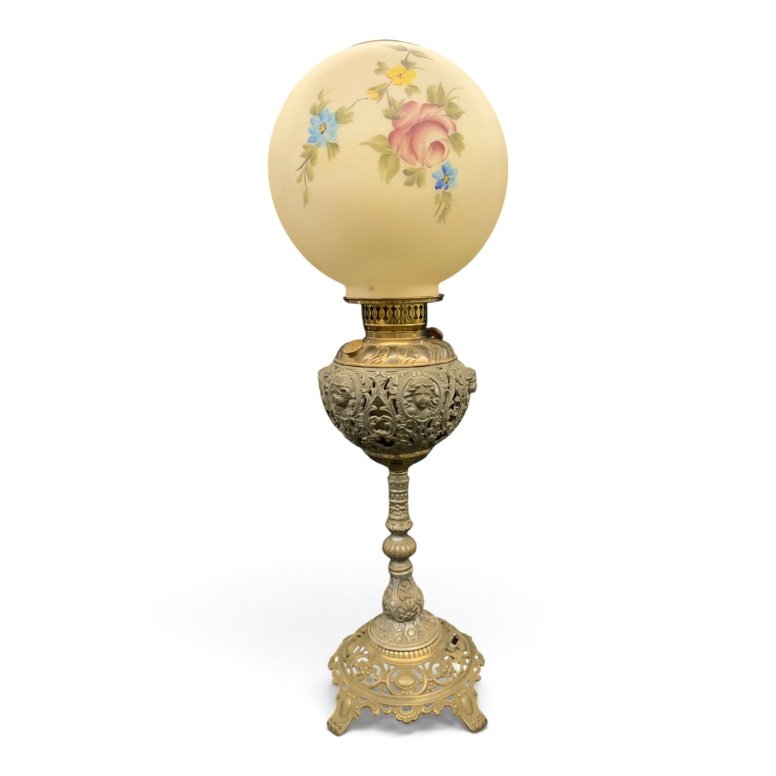 Antique Victorian Style Banquet Lamp: Antique Victorian Style Banquet Lamp Featuring An Ornate Metal Base And A Hand Painted Floral Glass Globe Shade Marked: Made In America 28" Tall"