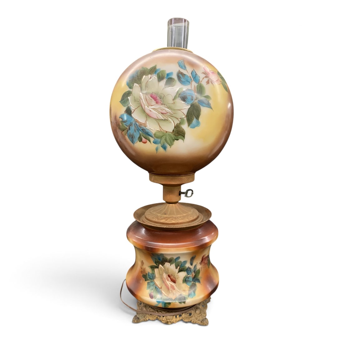 Victorian Style Gone With The Wind Parlor Lamp: Victorian Style Gone With The Wind Parlor Lamp Featuring Hand Painted Floral Motifs On A Round Glass Globe Shade And A Painted Metal Base 26 1/2" Tall