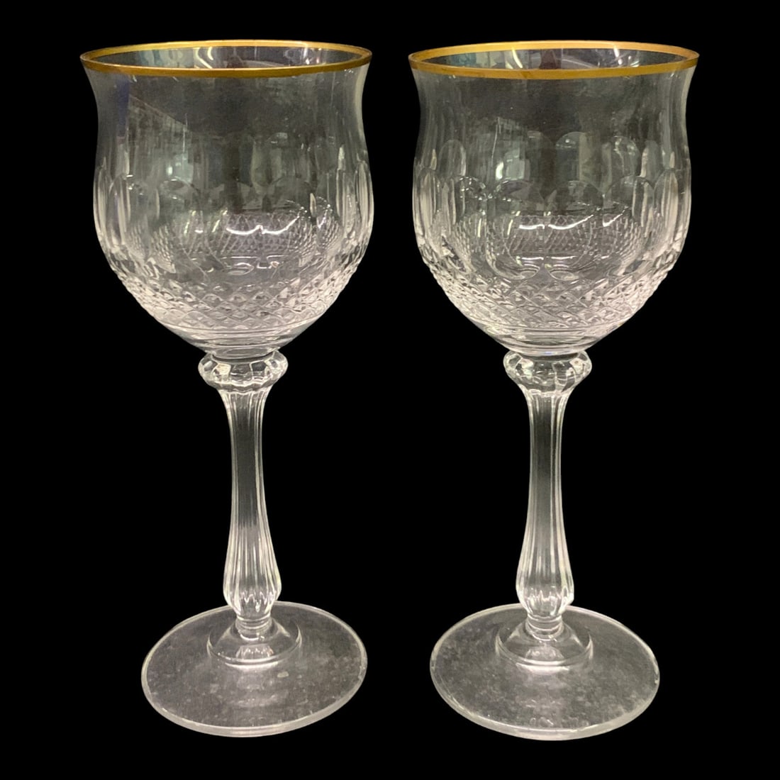 2 Gold Crown Cut Crystal Stemware Glasses: 2 Gold Crown Cut Crystal Stemware Glasses 7 1/8" Tall