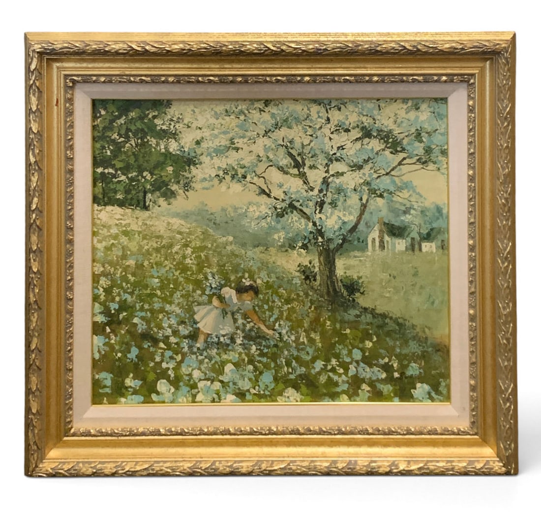 Signed Vintage Oil On Canvas: Signed Vintage Oil On Canvas Featuring An Impressionist Style Landscape Scene And A Young ChildSigned Lower Right: Burr28" X 32"