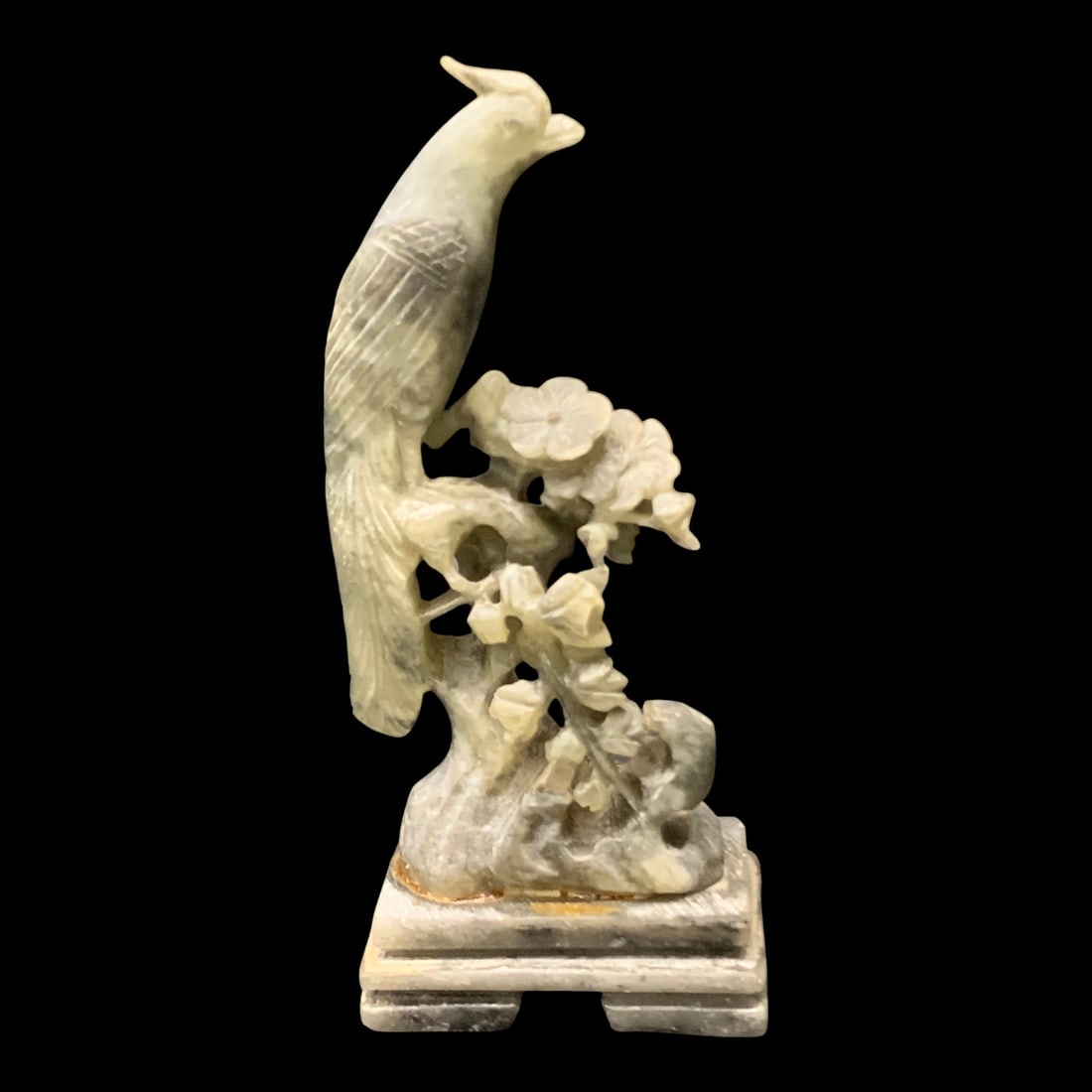 Vintage Chinese Carved Hardstone Bird Sculpture: Vintage Chinese Carved Hard Stone Bird And Flower Sculpture Glued To A Hard Stone Base 5" Tall