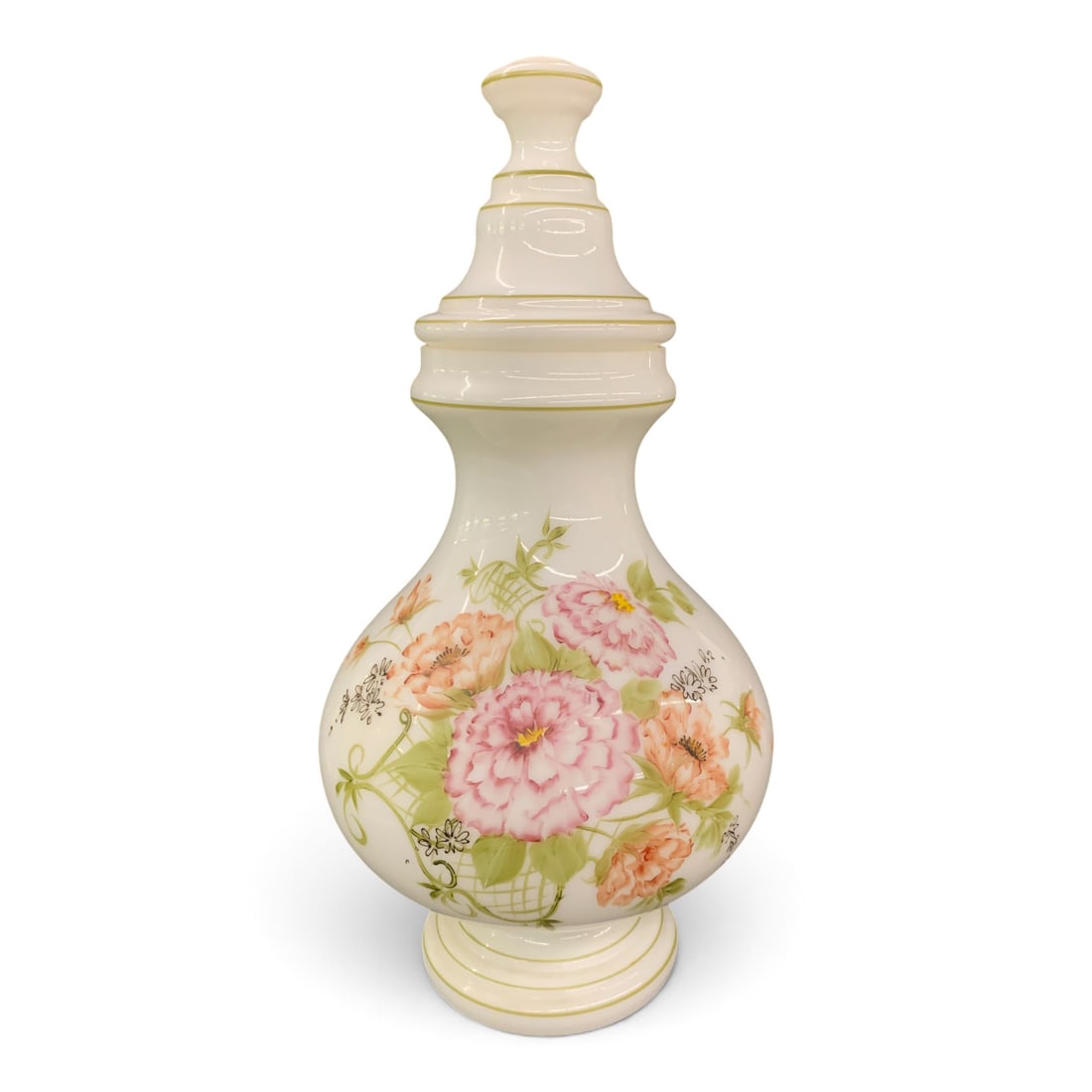 Large Vintage Milk Glass Lidded Vase: Large Vintage Milk Glass Lidded Vase Featuring Hand Painted Floral Decorations 22" Tall