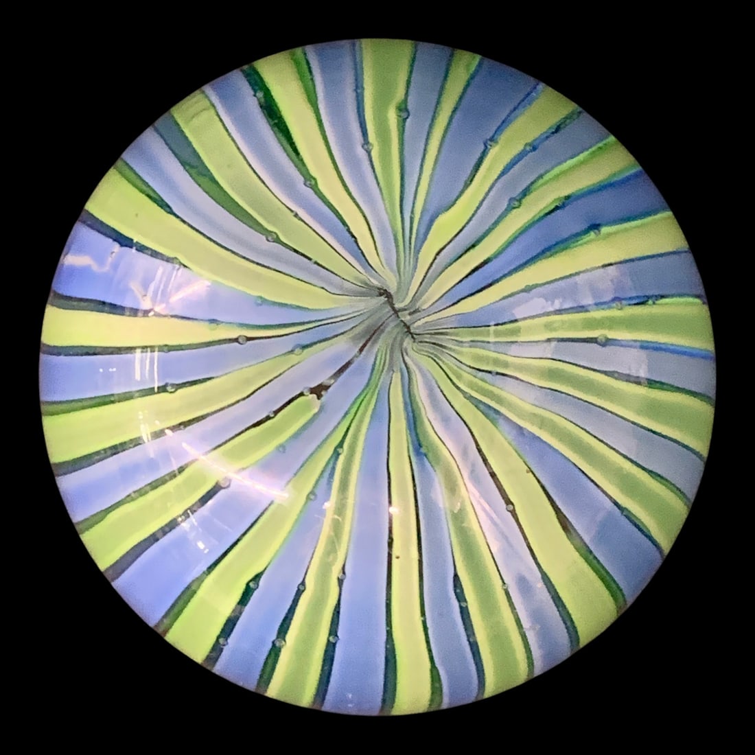 Art Glass Paperweight: Art Glass Round Paperweight Featuring A Blue And Green Pinstripe Design 3 1/4" Tall
