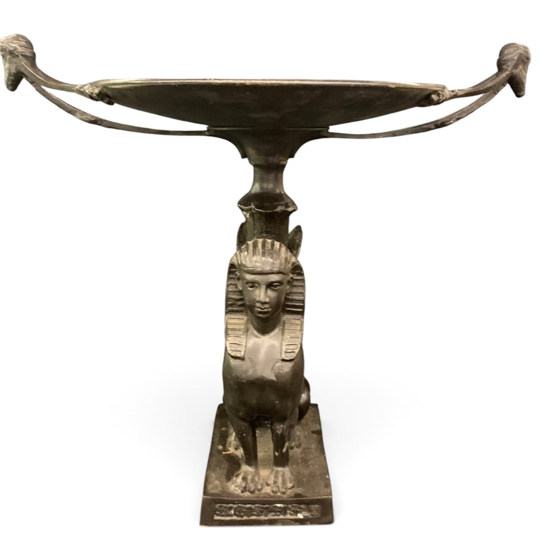 Vintage Egyptian Revival Style Bronze Tazza: Vintage Egyptian Revival Style Bronze Tazza Featuring A Winged Sphinx Support15 3/8" Tall - 10 3/4" Diameter