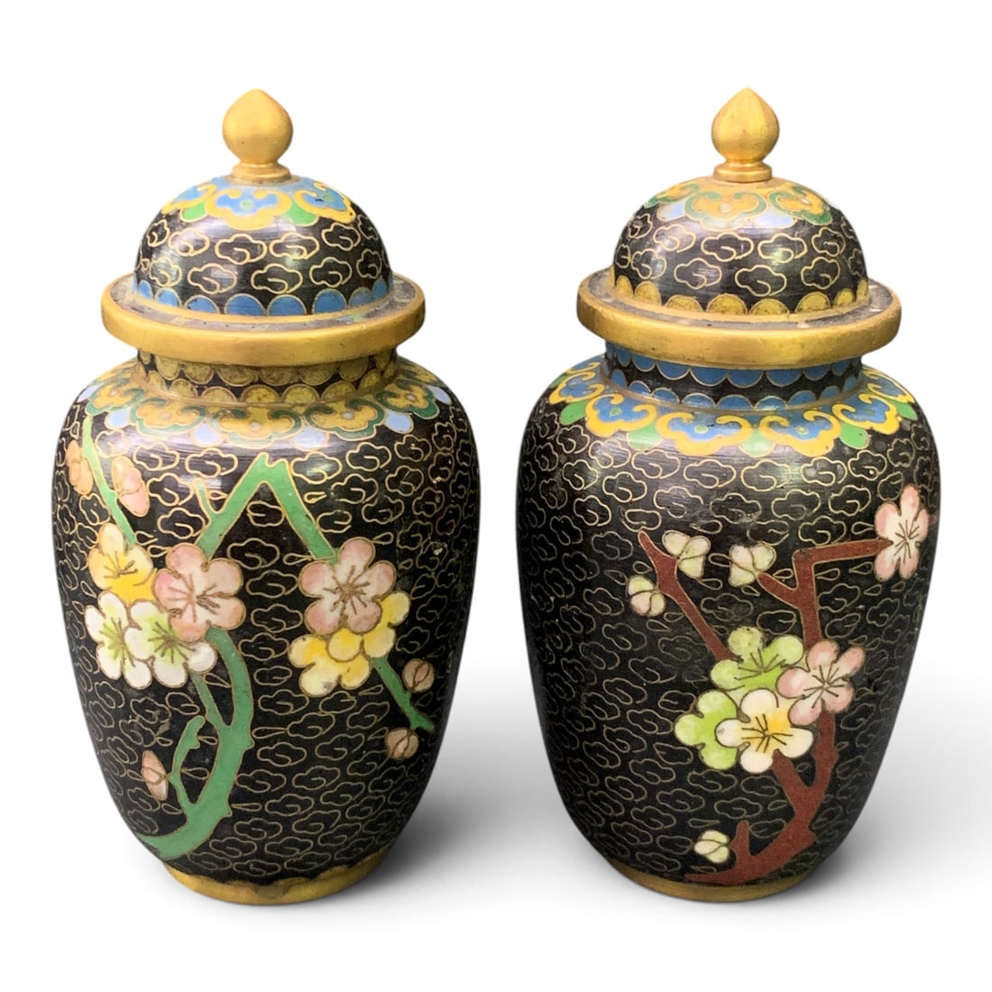 Pair Of Vintage Chinese Cloisonne Vases: Pair Of Vintage Chinese Black Cloisonne Vases With A Cherry Blossom Tree Design 4 1/2" Tall