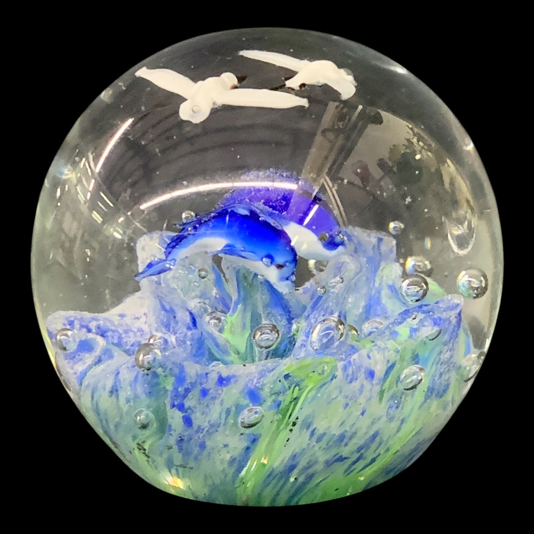 Art Glass Blue Dolphin Paperweight: Art Glass Round Paperweight Featuring A Two Dolphins Swimming And Controlled Bubbles 3 3/8" Tall