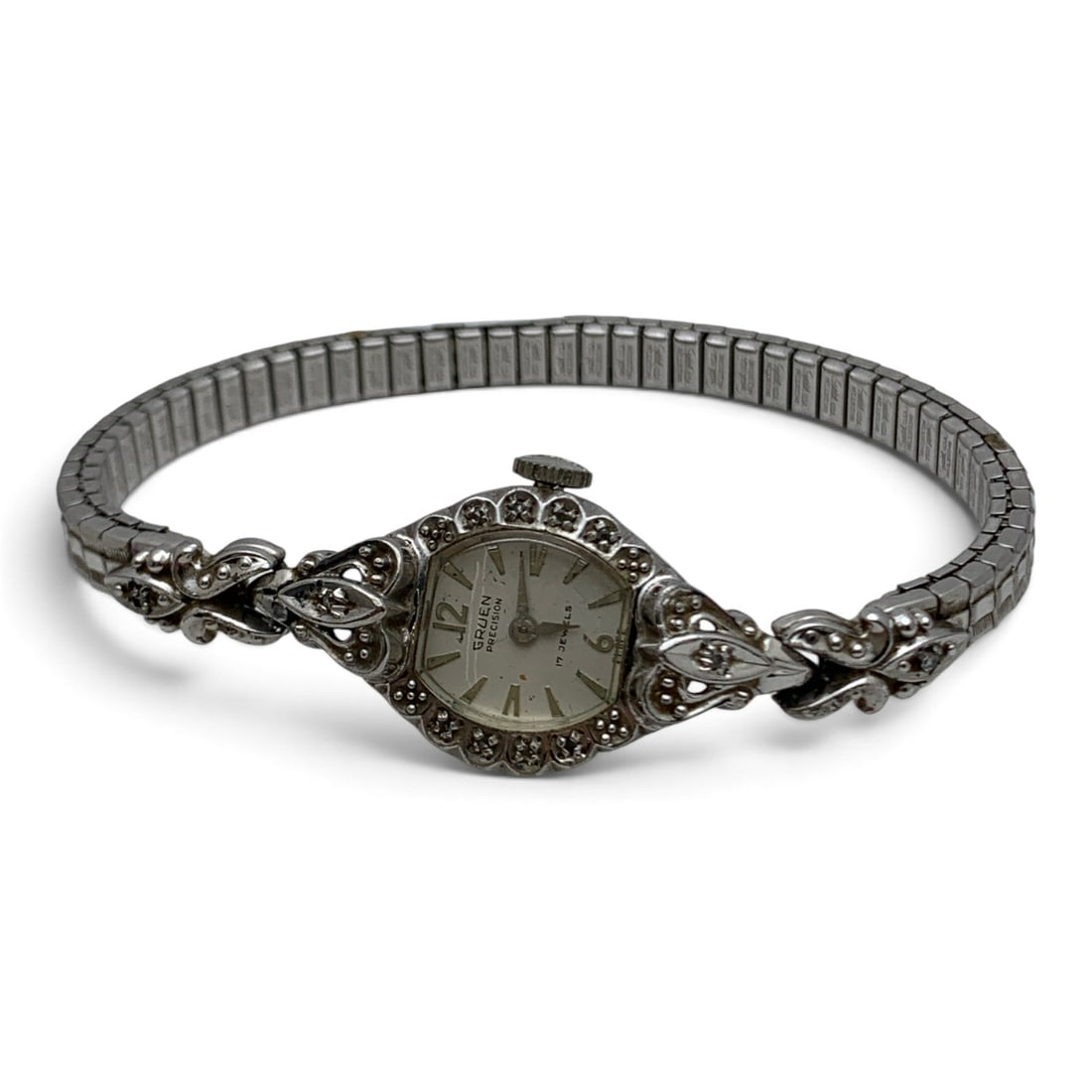 Gruen 17 Jewels Stretch Band Wrist Watch: Gruen Silver Tone Stretch Band 17 Jewels Women's Swiss Wrist Watch Marked On Face: Gruen Precision, 17 Jewels, SwissMarked On Back: 10k R.g.p Bezel, Stainless Steel Back 5/8" Face Diameter