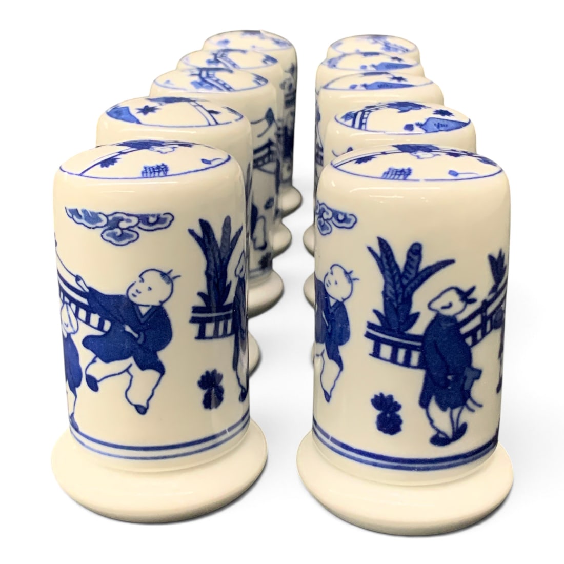 10 Blue & White Porcelain Toothpick Holders: 10 Vintage Signed Chinese Blue And White Covered Toothpick Holders Featuring A Decorative Design Of Children Playing Signed On Bottom3 1/4" Tall