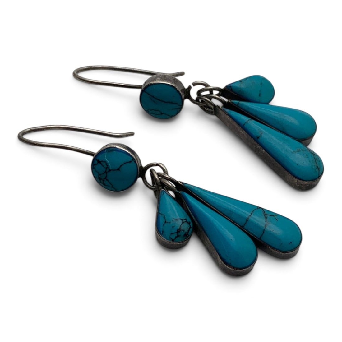Pair Of Sterling Silver & Turquoise Earrings: Pair Of Sterling Silver Dangle Earrings Featuring Blue Turquoise Stones Marked 925 - 2 1/8" Long - 13.1 Grams