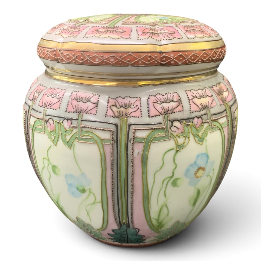 Antique Nippon Hand Painted Porcelain Jar: Antique Nippon Hand Painted Porcelain Lidded Jar Marked On Bottom: Hand Painted, Nippon5 3/4" Tall