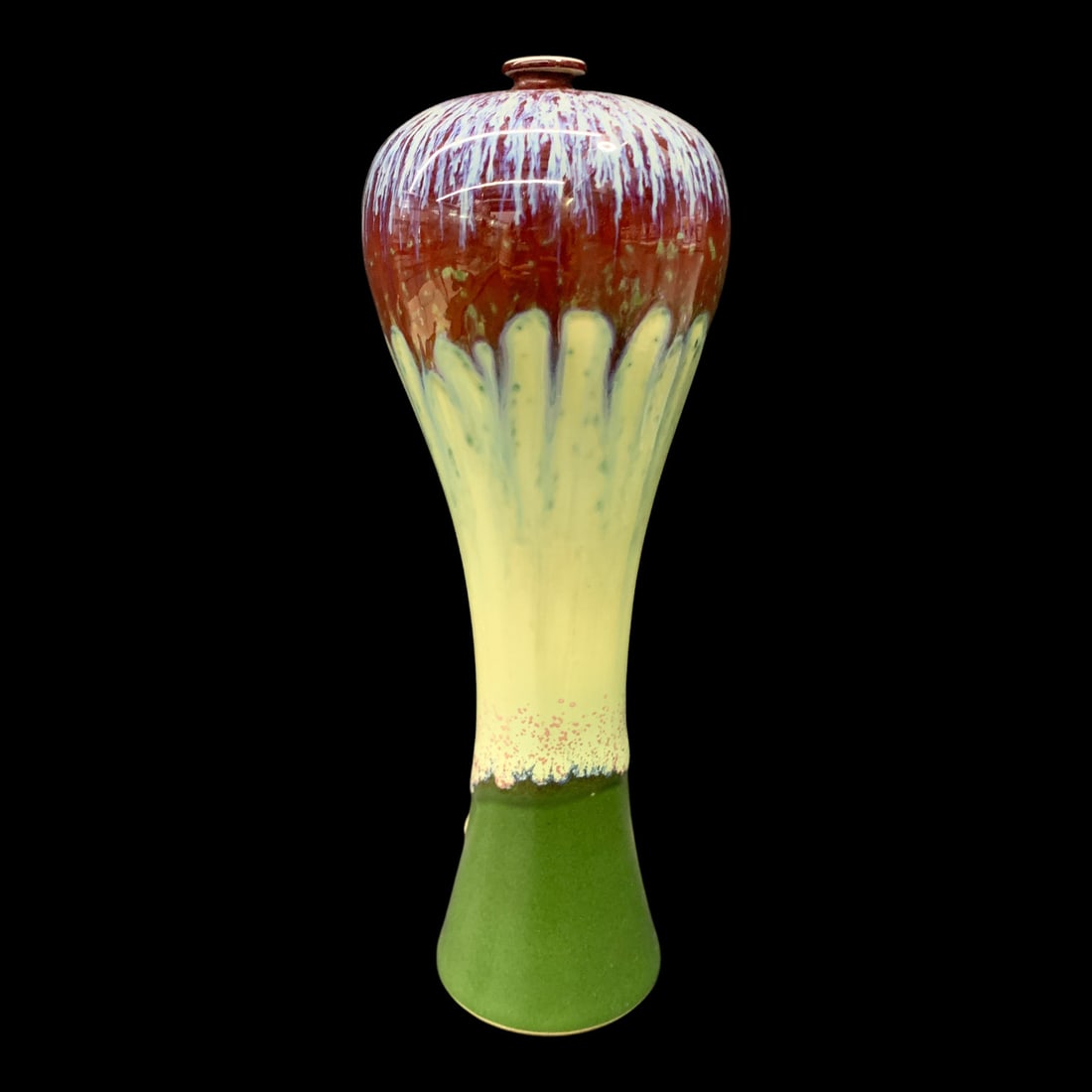 Chinese Signed Ceramic Drip Glaze Vase: Chinese Signed Ceramic Vase Featuring A Burgundy And Green Drip Glaze Design Signed On Bottom12" Tall