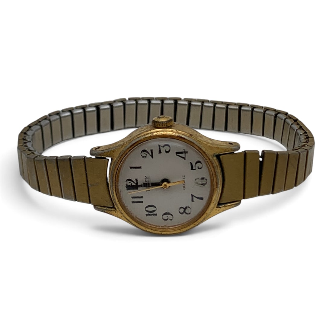 Vintage Timex Stretch Band Wrist Watch: Vintage Timex Gold Tone Stretch Band Wrist Watch Marked On Face: Timex, Quartz Marked On Back: Timex, Base Metal Bezel, Stainless Steel Back 3/4" Face Diameter