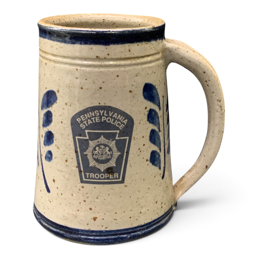 Speckled Beige Ceramic Mug: Speckled Beige Ceramic Mug Featuring The Pennsylvania State Police Trooper Patch Logo In Blue Marked On Bottom: 915 3/4" Tall