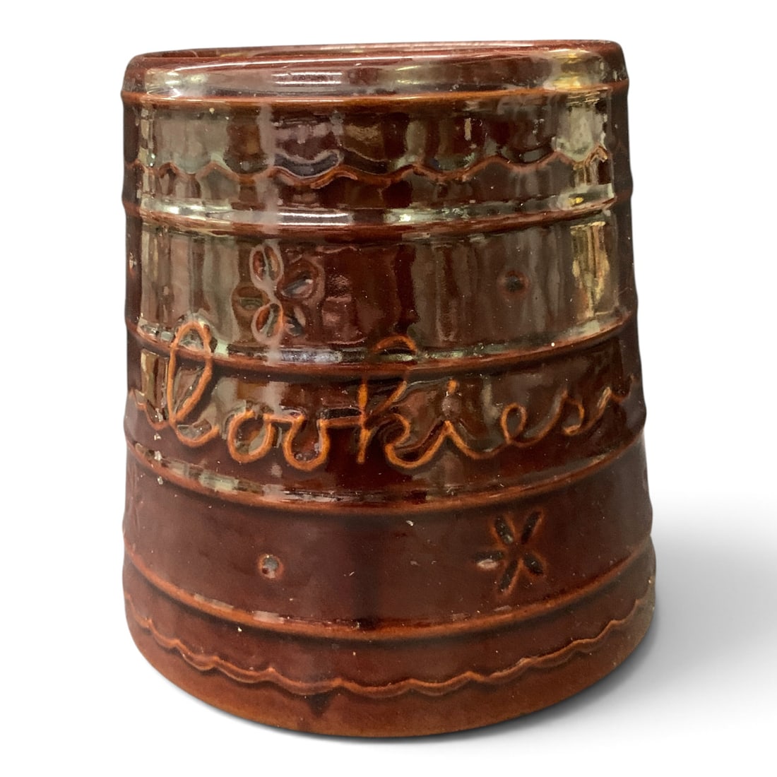 Vintage Marcrest Daisy And Dot Brown Cookie Jar: Vintage Marcrest Daisy And Dot Brown Glazed Stoneware Cookie Jar Featuring An Embossed "cookies" TextMarked On Bottom: Marcrest Stoneware, Ovenware, Usa7 1/4" Tall