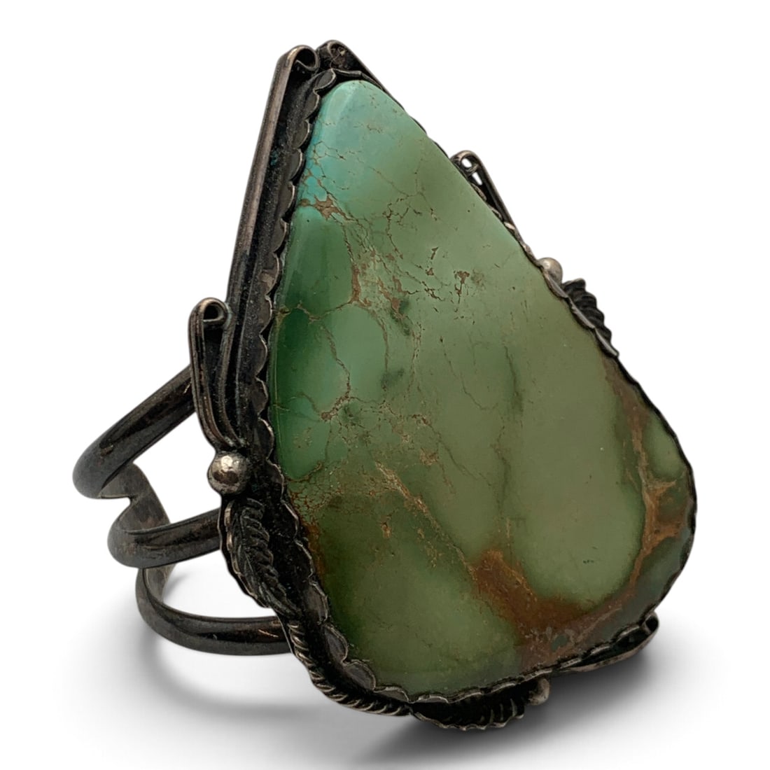 Navajo Sterling Silver & Turquoise Cuff: Native American Navajo Large Sterling Silver Cuff Bracelet Featuring One Large Green Turquoise Stone Along With An Intricate Open Work Band Design Marked On Underside: Sterling 1 5/8" Cuff Opening - 2