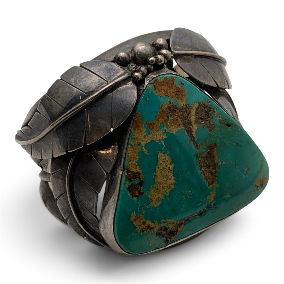 Edward Becenti Navajo Sterling & Turquoise Cuff: Edward Becenti Native American Navajo Large Signed Sterling Silver Cuff Bracelet Featuring One Large Blue Turquoise Stone Along With An Intricate Feather Metal Work Design Marked On Underside: Sterlin