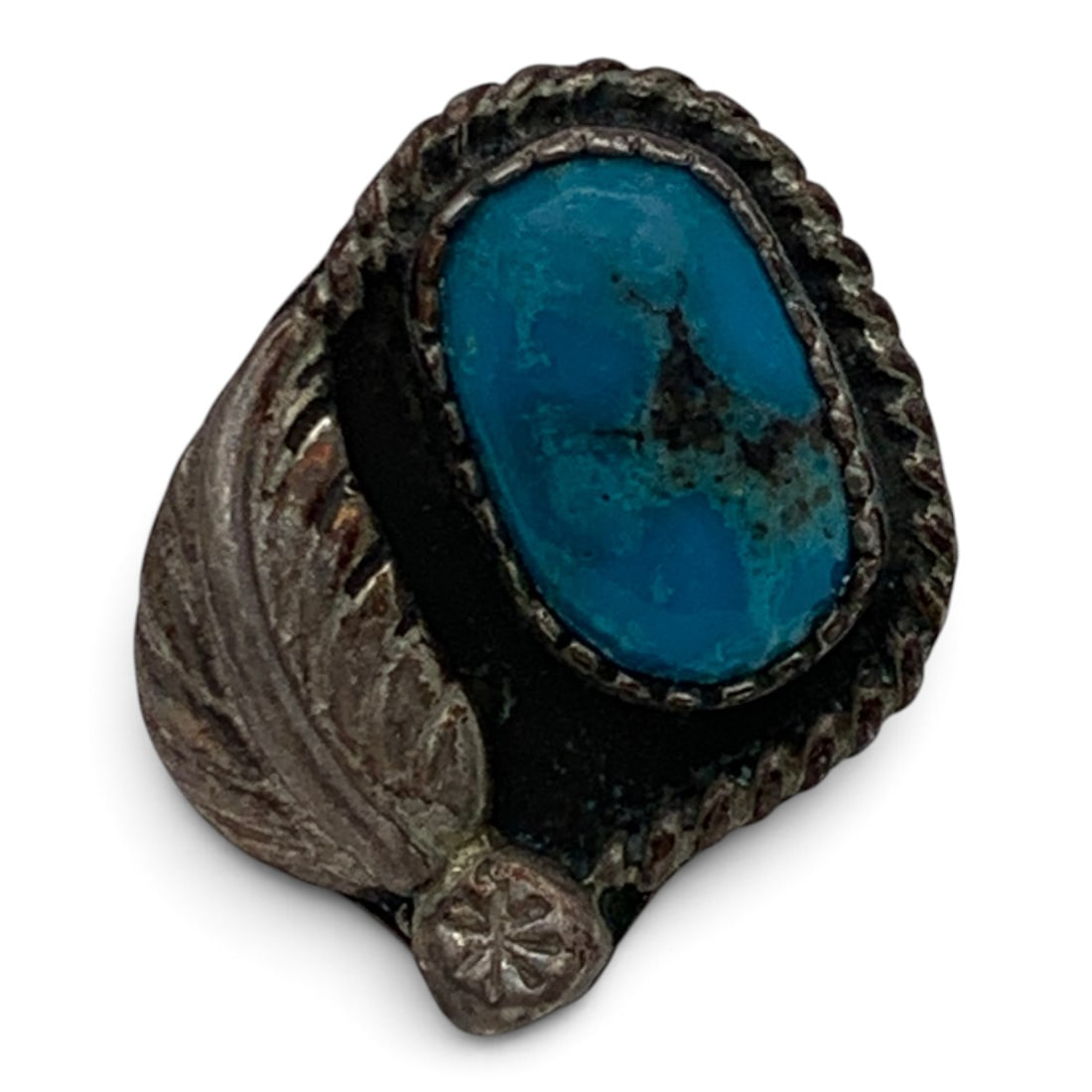 Vintage Navajo Silver & Blue Turquoise Ring: Vintage Native American Navajo Silver Ring Featuring A Blue Turquoise Chunk Stone And A Feather Design Tests Silver Size 4.25 - 4.6 Grams