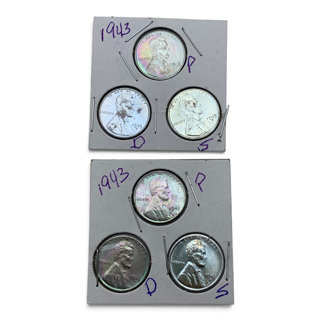 2 Sets Of 1943 P, D, S World War Il Steel Cents: 2 Sets Of 1943 World War Il Steel Cents, P, D & S Mint Marks