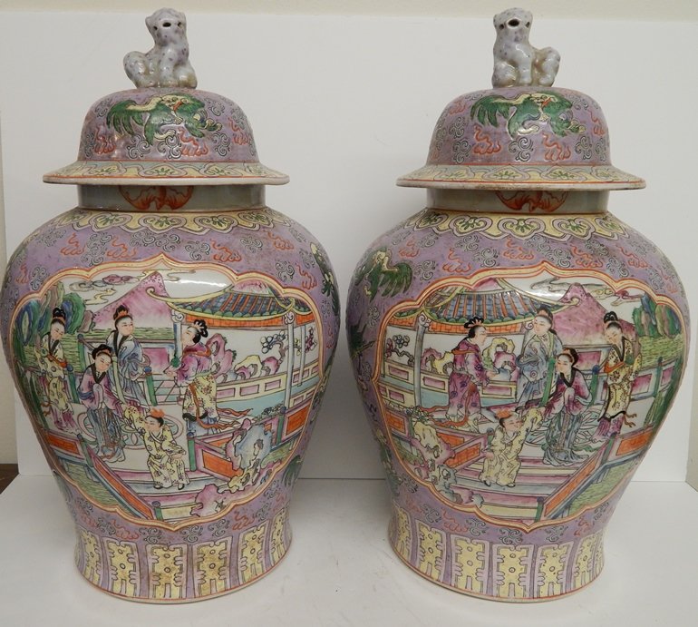 (2) LARGE CHINESE ANTIQUE FAMILLE ROSE GINGER JARS: 48X26CM