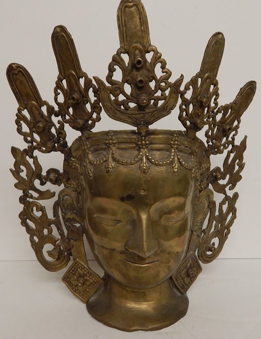 LARGE ANTIQUE BRASS THAI GODDESS BUST: 34X29CM