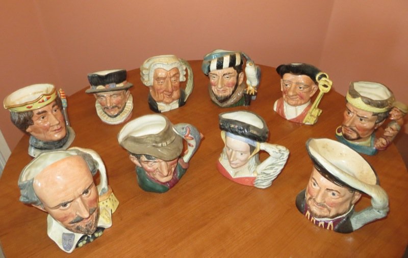 10 Royal Doulton Character Jugs: 10 Royal Doulton Character Jugs, Henry VIII, Henry V, Anne of Cleaves, Macbeth, Shakespeare, The Poacher, Beefeater, The Lawyer, The Falconer, Gaoler.