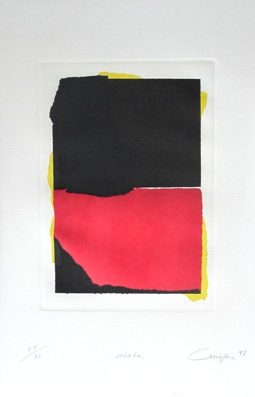 Rafael Canogar (Spanish) Limited Engraving, ‘Rebaba': Rafael Canogar (Spanish 1935-) limited edition engraving 24” x 18”, entitled 'Rebaba', 1998, Expressive and insistent rectangles of black and red with flashes of yellow. Numbered “24/75” and s