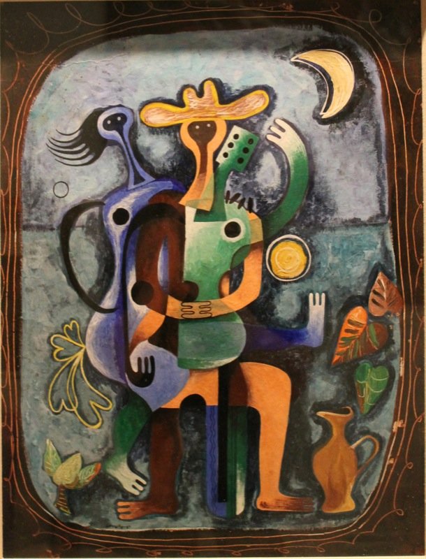 Mario Carreño, Untitled: Mario Carreño, Untitled. Mario Carreño Morales (Cuban 1913 – 1999), Untitled. Enchanting Cubist composition, two lovers, a woman in blue symbolic of the moon and a man and guitar in colors symboli