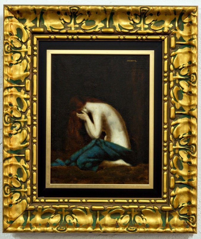 J.J.Henner “ Weeping Magdelene” Oil on Canvas: Jean Jacques Henner (Alsatian French, 1829-1905) “ Weeping Magdelene” oil on canvas. Study of a young woman kneeling, holding her bowed head, mounted in a Florentine giltwood frame. Late 19th Cent