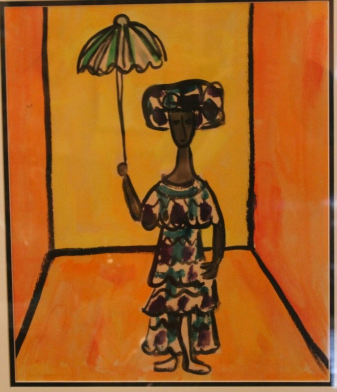 Cundo Bermudez, Watercolor on Paper: Cundo Bermudez (Cuba 1914 – 2008). Lady with a parasol in an orange room. A wonderful example of this artist’s vigorous and original use of color. Medium: Watercolor. Size: 14.5 x 17.5 inches. Th