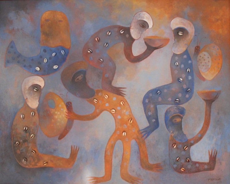 Manuel Mendive, Oil on Canvas: Manuel Mendive, oil on canvas, Manuel Mendive (Cuban 1944 - ). Signed: Oil on canvas, signed and dated lower right Dated: 2002 Size: 31 x 39 inches. COA from Mendive Studio. This lot is as described o