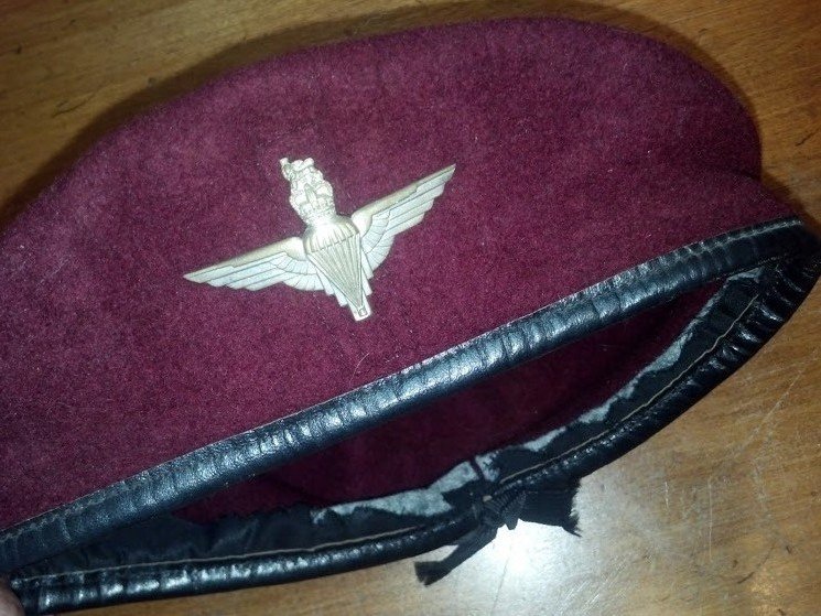 British Paratrooper type Beret Cold War post WW2: Original worn Military Hat from the Hartung Museum collection outside Chicago. Matches type for British Paratroopers. Wool and leather with winged paratrooper emblem. Cold War era post World War 2.