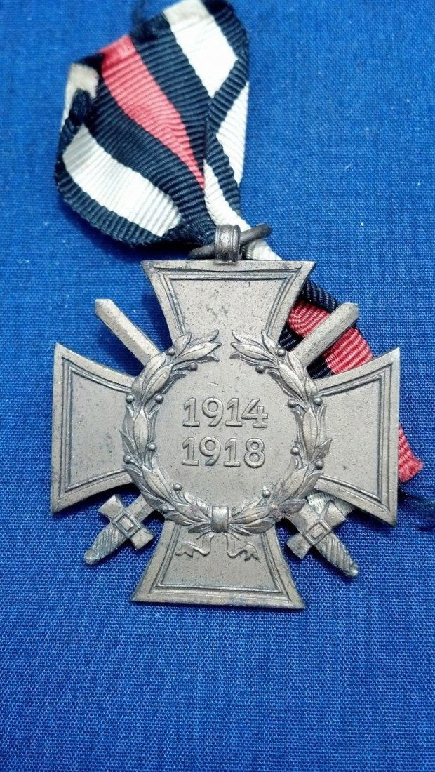 German WWI Hindenburg Cross 1914 1918: Makers Mark On Reverse. Original Made in German. World War One Service. From German Veteran's Estate outside Hanover Germany