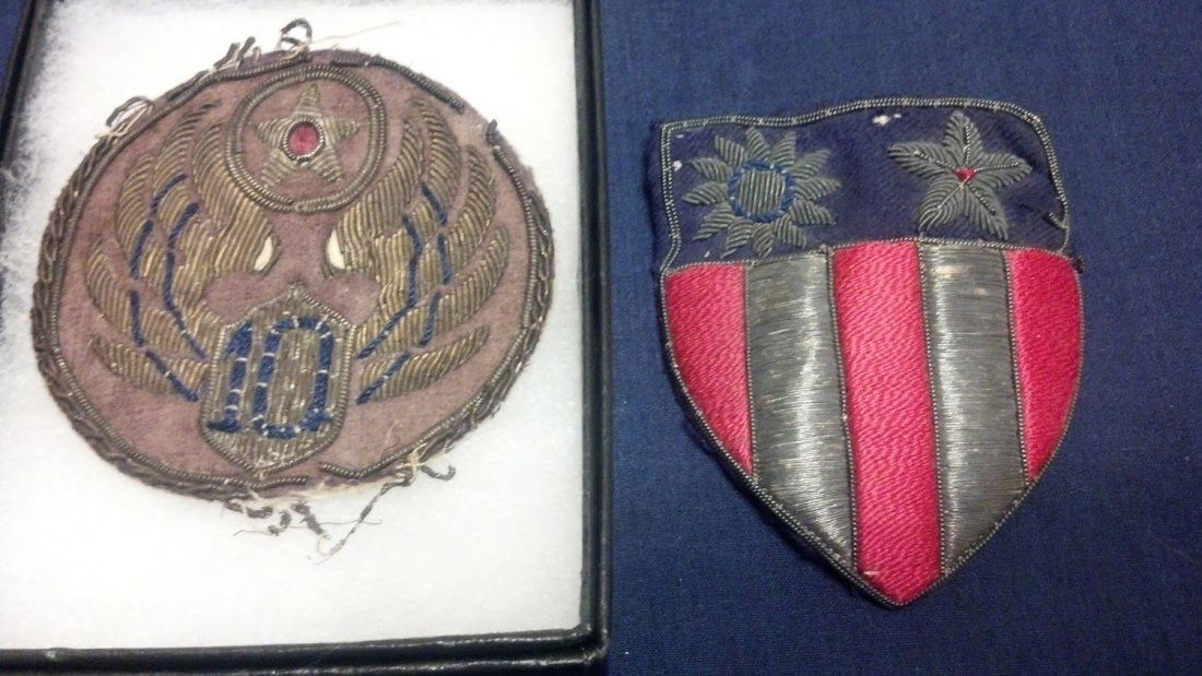 U.S. Army Air Forces WW2 CBI 10th Air Force Patch Lot: Original China Burma India Patch along with a one of a kind 10th Air Force USAAF WW2 Bullion Patch. From beautiful WW2 Army Air Forces Veteran's Estate.