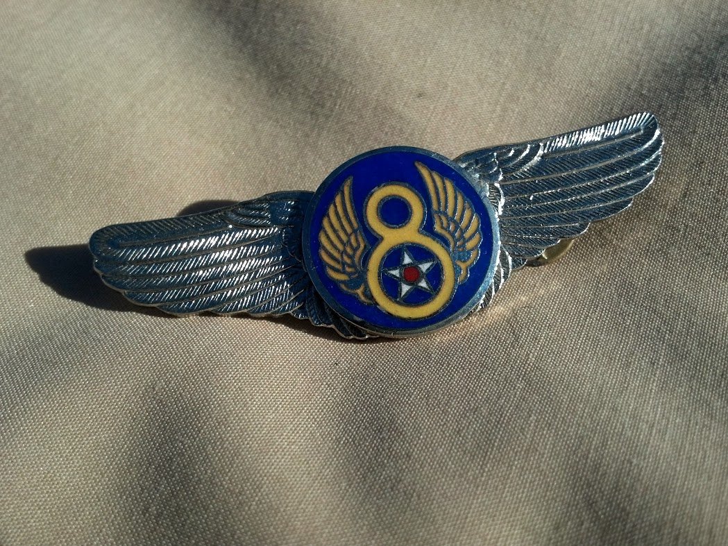 8th Air Force Enamel Flight Wings U.S. Military WW2: Enamel Very Rare 8th Air Force flight wings. Push pin back, from U.S. Army Air Forces and USAF Veteran, Bomber Crew.