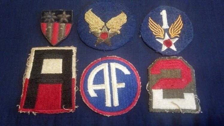 WW2 U.S. Army Air Forces Original Bullion Patch Set: Six different Original United States Military Patches. Mini CBI and Air Corps patches are hand made one of a kind bullion. 1st Air Force patch 100% Wool. Overall very rare set. UV and expert review. M