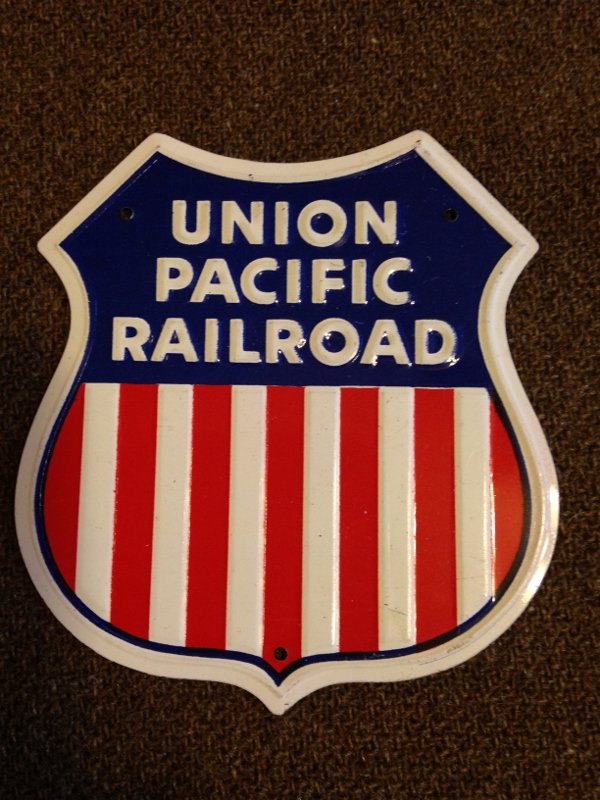 Union Pacific Railroad Sign Vintage mini Nice!: Vintage mini Sign for Union Pacific Railroad, brilliant colors and stamped raised lettering as well as logo matching shape. Excellent addition for anyone with a model railroad city as well as sign col
