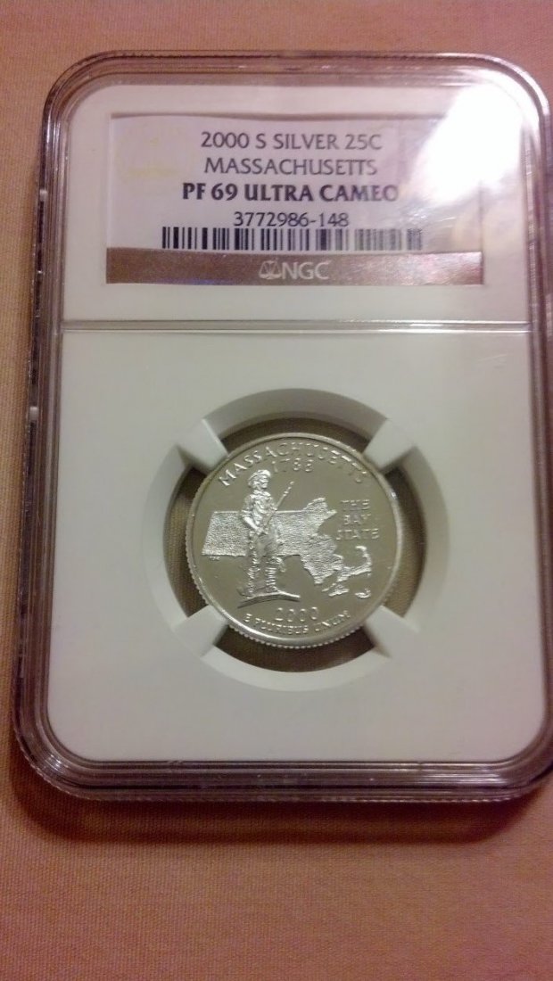 Silver Massachusetts State Quarter NGC Graded PF69: Beautiful extremely rare Massachusetts State Quarter in Solid Silver, unlike its regular counterpart this quarter actually holds intrinsic value in its silver weight. Graded PF 69 by the industry stan