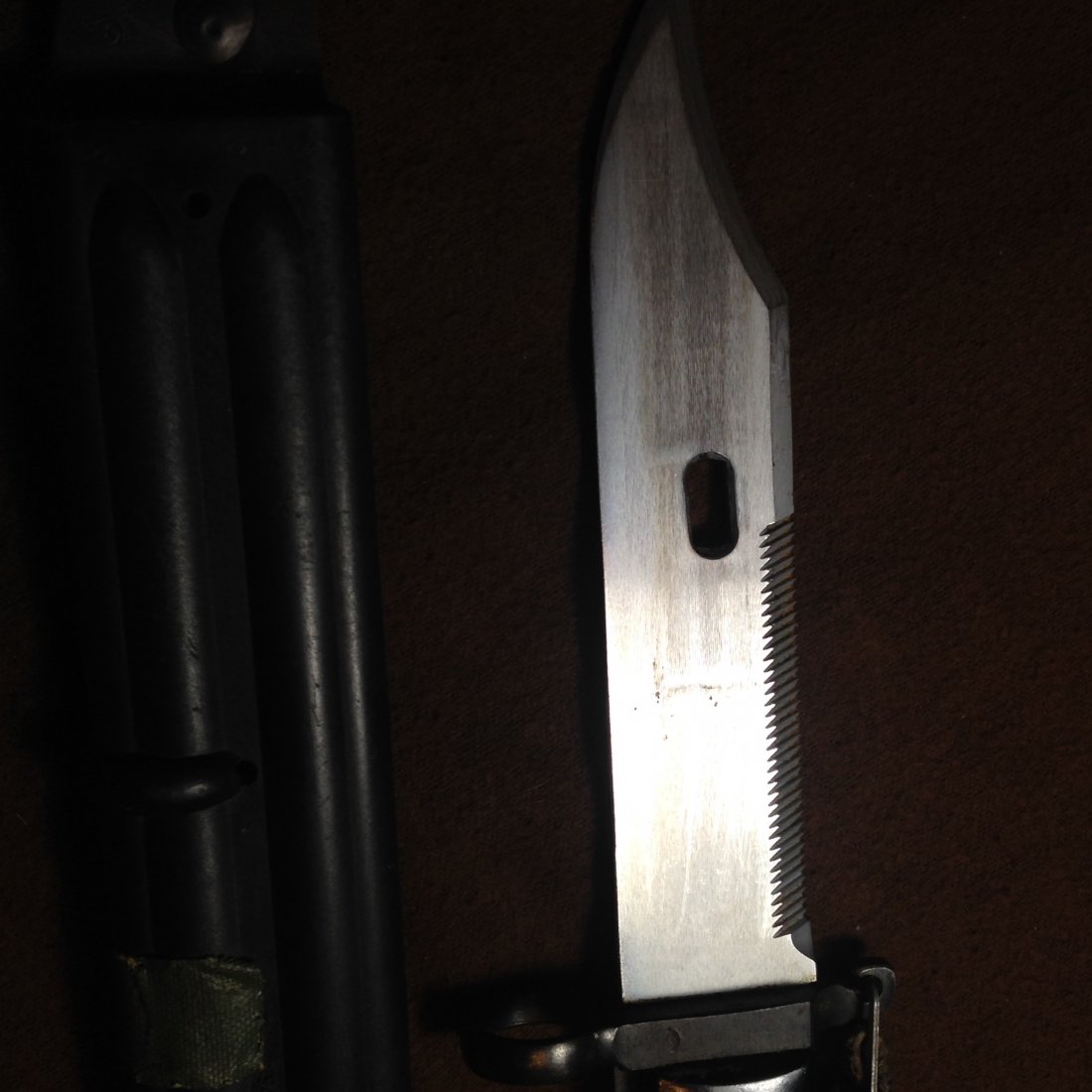 Soviet Union East German Russian AK 47 Bayonet RARE: Extremely low serial numberMarked 1946/2 and 787 on top of sheath.Beautiful AK 47 Bayonet with metal sheath. Has can wire cutters built right in to design. Blade has 1 side saw for building shelter ec